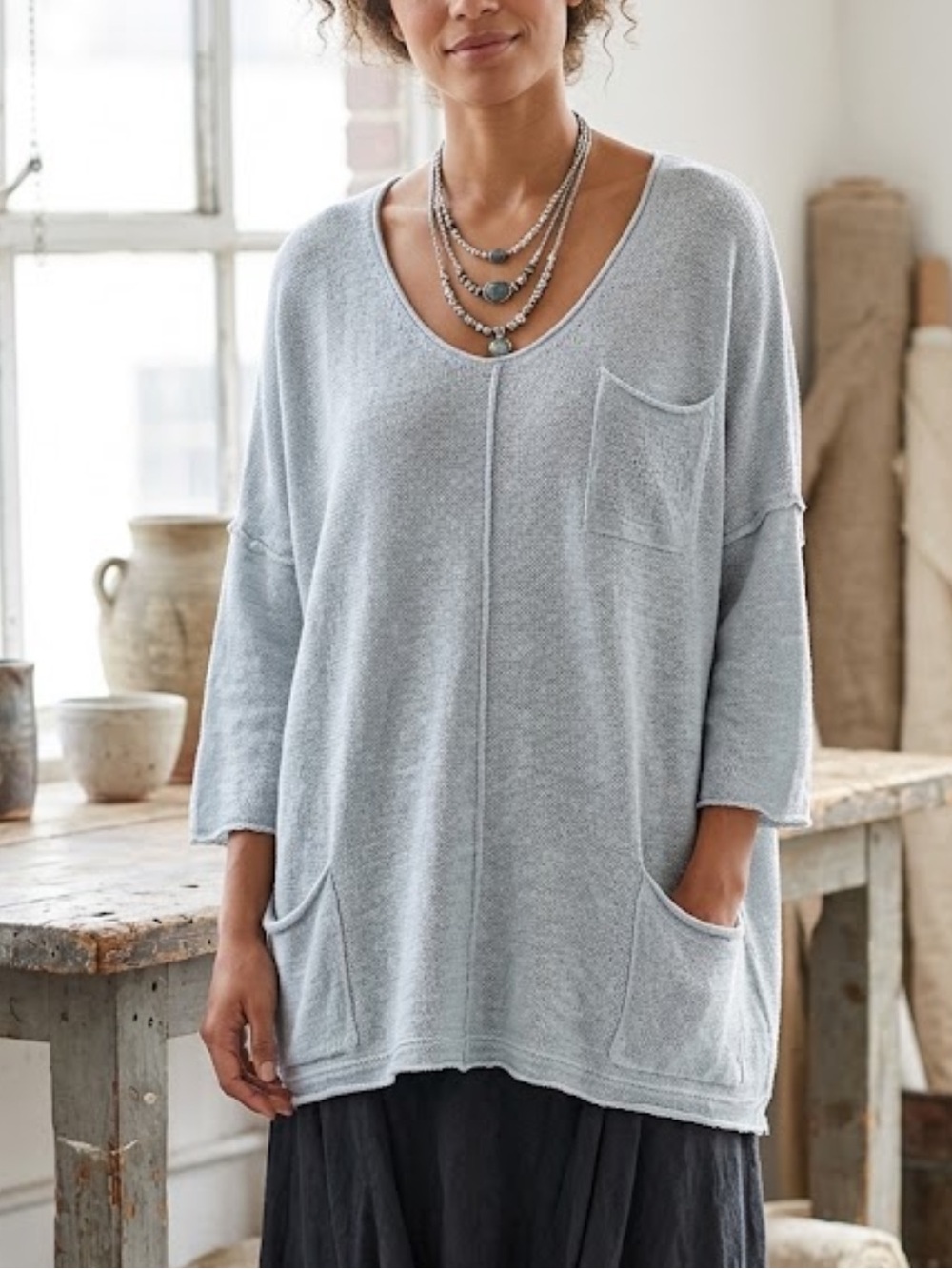 🍕🪻Grizas linen loose knit sweater scoop neck patch pockets Lagenlook medium